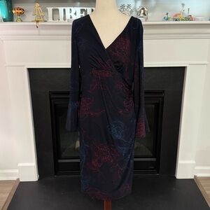 🌹 Lauren Ralph Lauren Navy Floral Bell-Sleeve Ruched Dress – Size 12